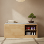 Scandinavian Solid Wood 2-Tier Shoe Storage Cabinet with Cushioned Seat for Entryway