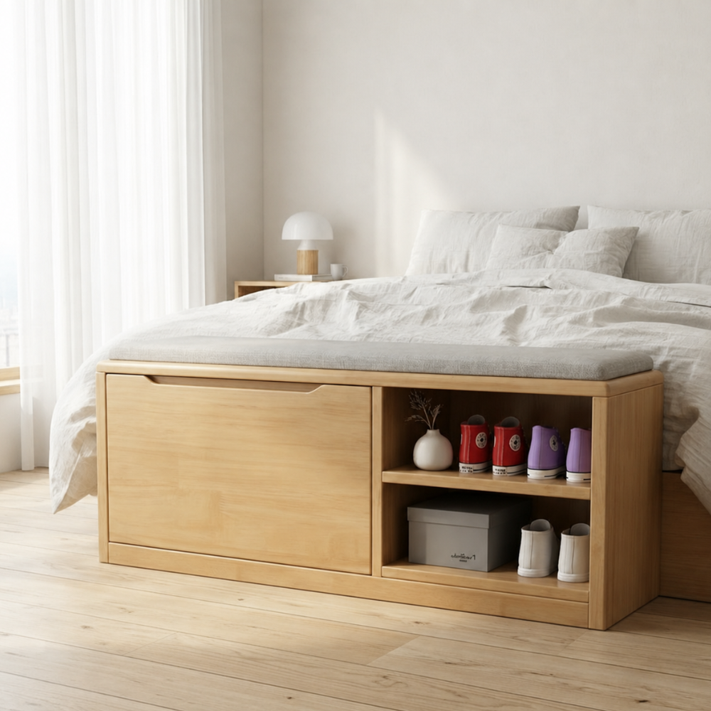 Scandinavian Solid Wood 2-Tier Shoe Storage Cabinet with Cushioned Seat for Entryway
