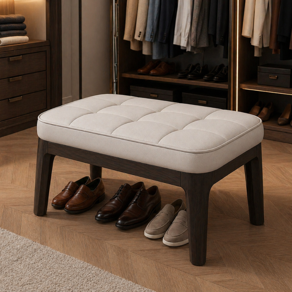 Scandinavian Shoe Storage Bench with Solid Wood Frame & PU Leather Seat