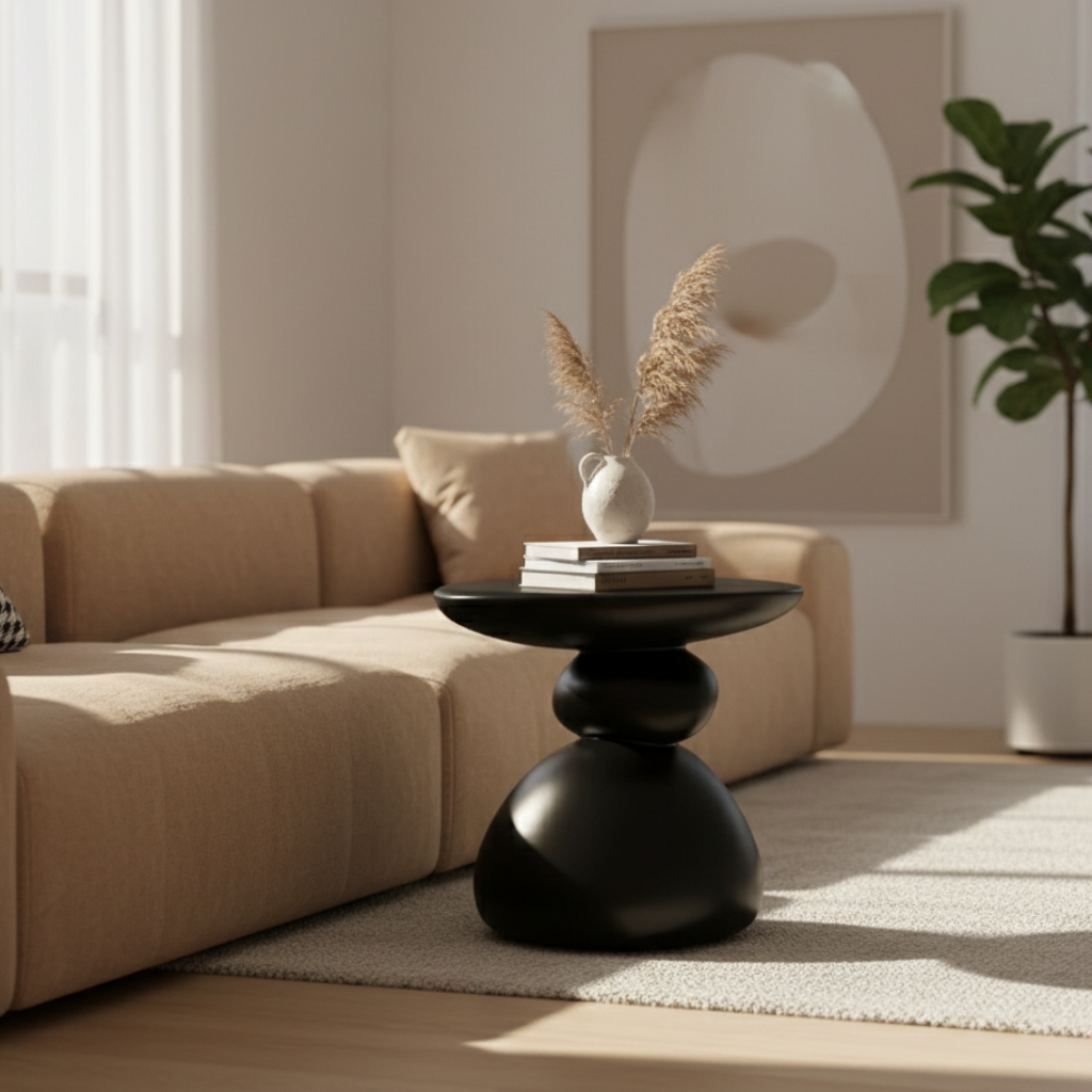 Modern Minimalist Stone Side Table - Scandinavian Design for Living Room or Bedroom