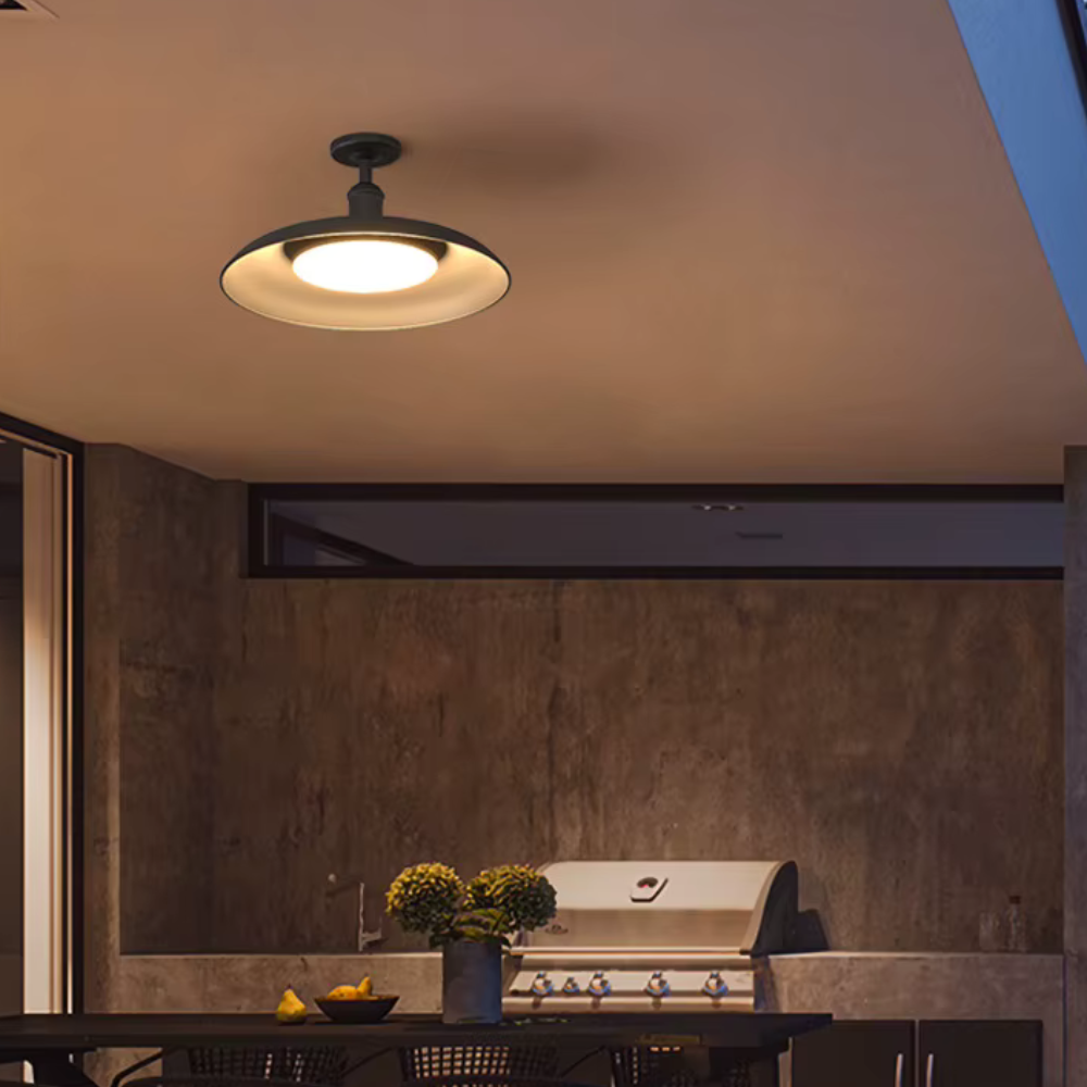 Outdoor Waterproof Ceiling Light IP65 | Black Round Semi Flush Mount Fixture for Patio Porch Lighting