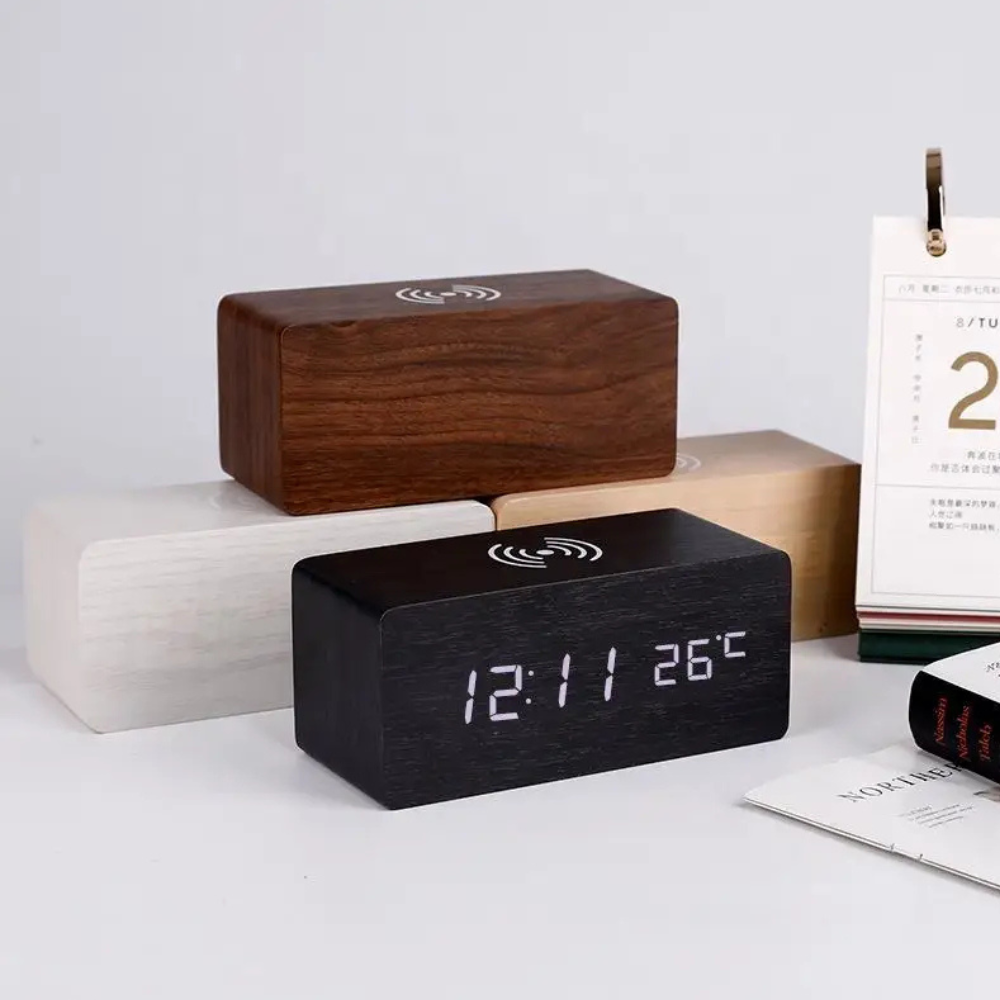 Stylish Wooden Digital Alarm Clock with Wireless Charging & Voice Activation