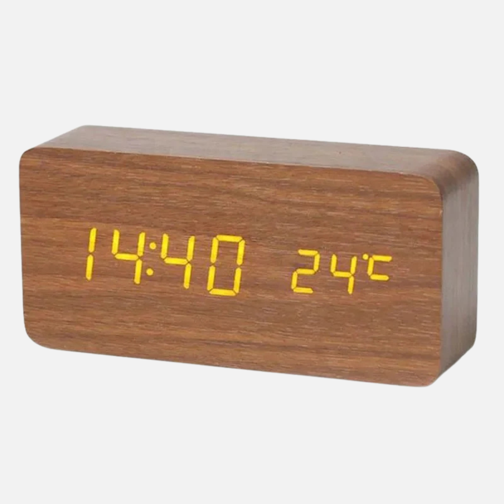 Natural Wood LED Digital Alarm Clock with Triple Alarm & Brightness Control