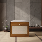Traditional Bamboo Rattan Shoe Storage Bench with Cushion for Entryway