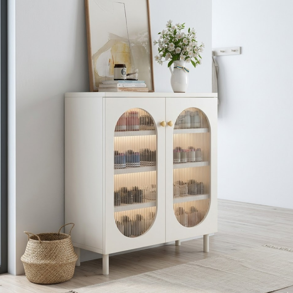 Modern Minimalist 4-Tier Shoe Storage Cabinet with Rattan & Glass Organizer for Entryway