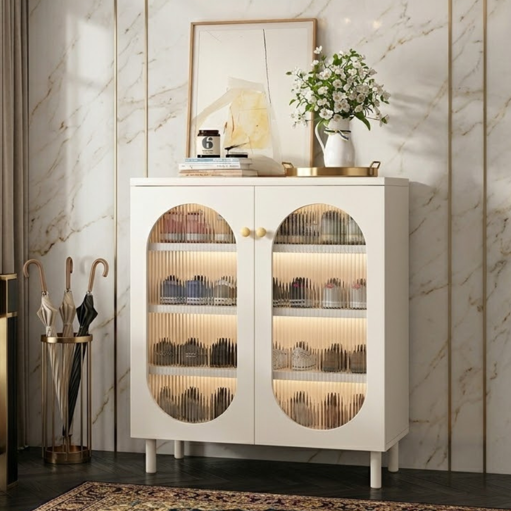 Modern Minimalist 4-Tier Shoe Storage Cabinet with Rattan & Glass Organizer for Entryway