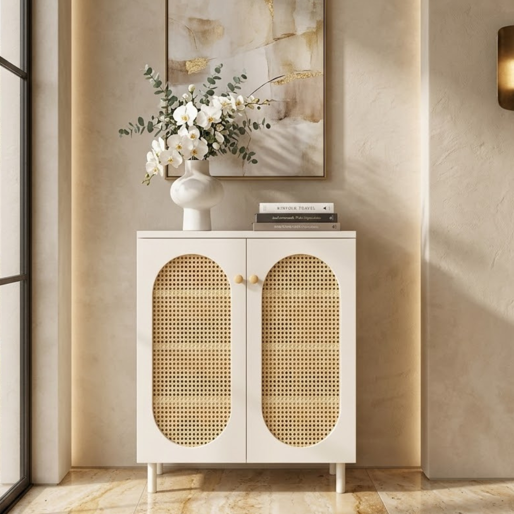 Modern Minimalist 4-Tier Shoe Storage Cabinet with Rattan & Glass Organizer for Entryway
