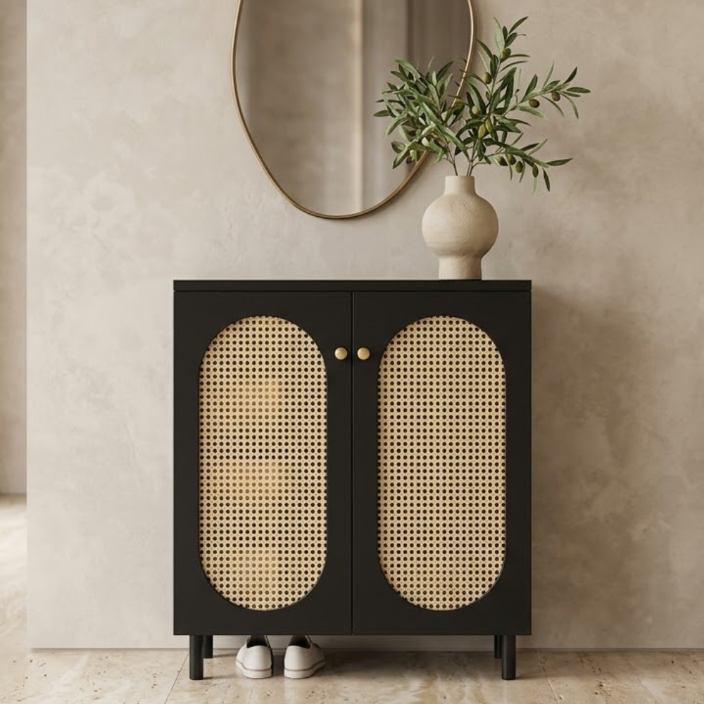Modern Minimalist 4-Tier Shoe Storage Cabinet with Rattan & Glass Organizer for Entryway