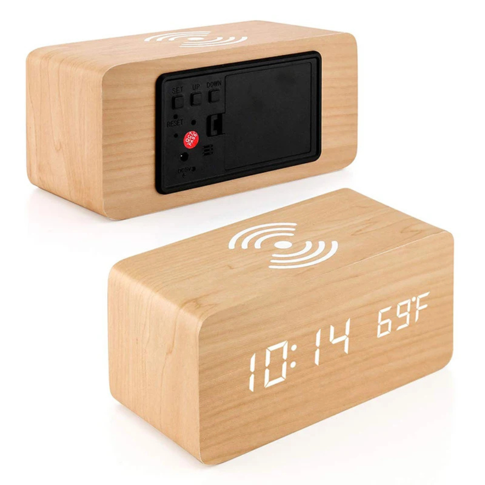 Stylish Wooden Digital Alarm Clock with Wireless Charging & Voice Activation