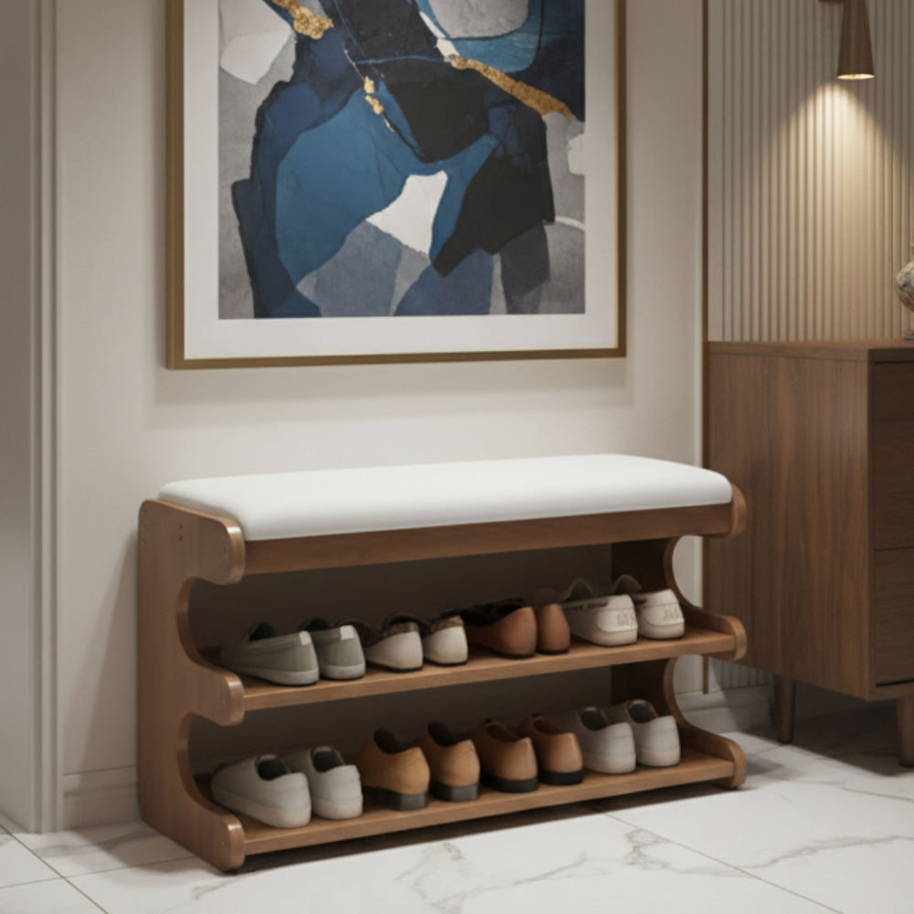 Elegant Bamboo Entryway Bench With Shoe Storage & PU Leather Seat