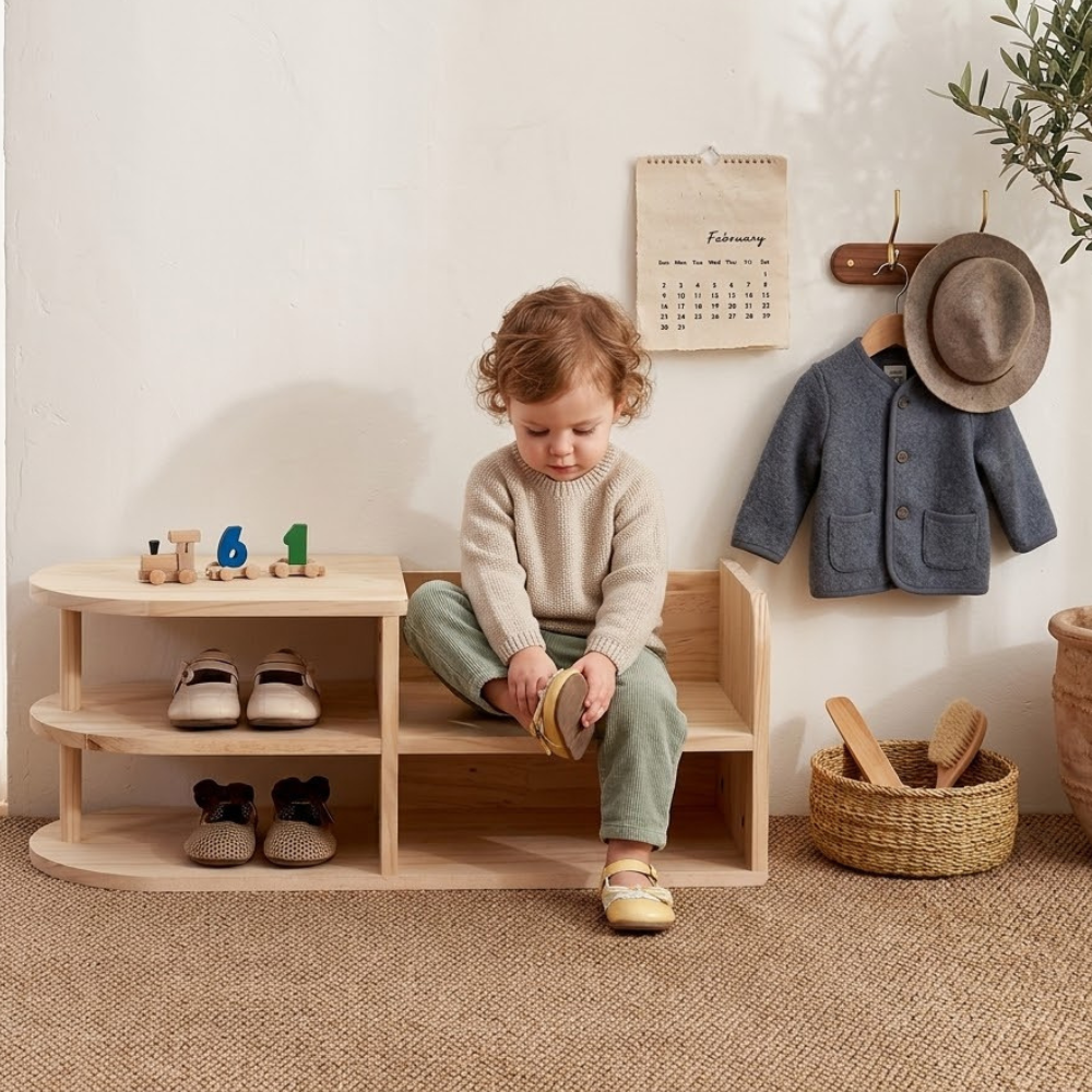 Children Shoe Storage Bench with Japanese Pine Wood 2-Tier Entryway Rack