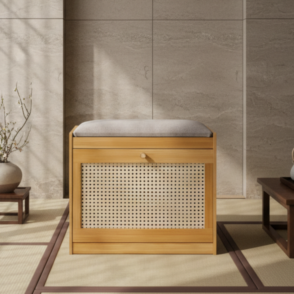 Traditional Bamboo Rattan Shoe Storage Bench with Cushion for Entryway