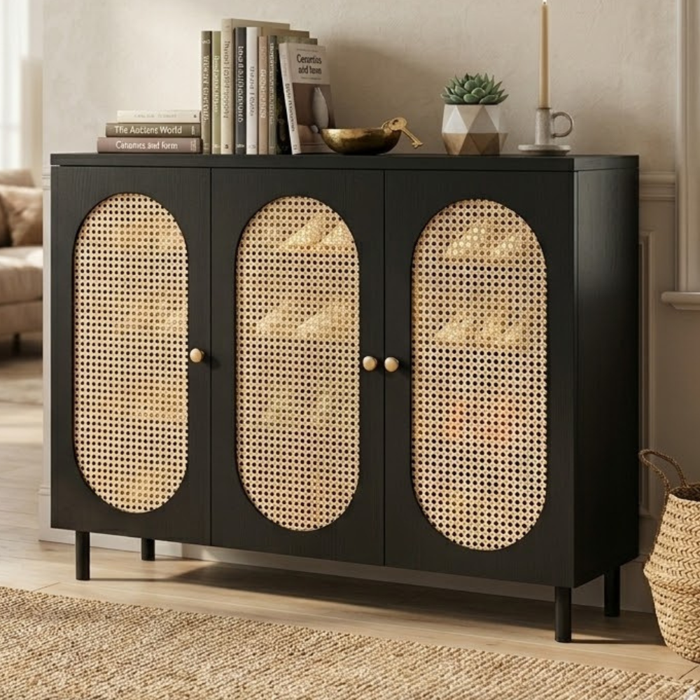 Modern Minimalist 4-Tier Shoe Storage Cabinet with Rattan & Glass Organizer for Entryway