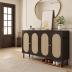 Modern Minimalist 4-Tier Shoe Storage Cabinet with Rattan & Glass Organizer for Entryway