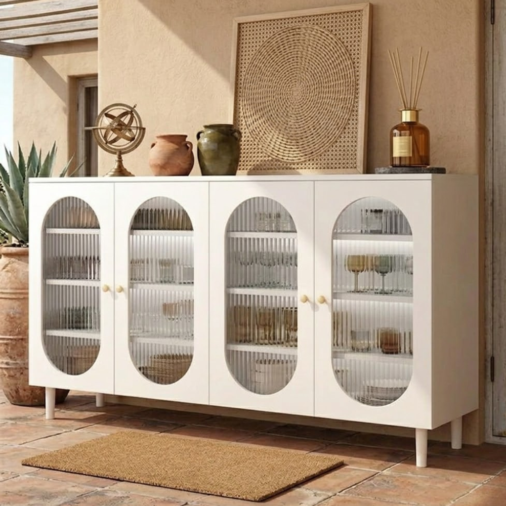 Modern Minimalist 4-Tier Shoe Storage Cabinet with Rattan & Glass Organizer for Entryway