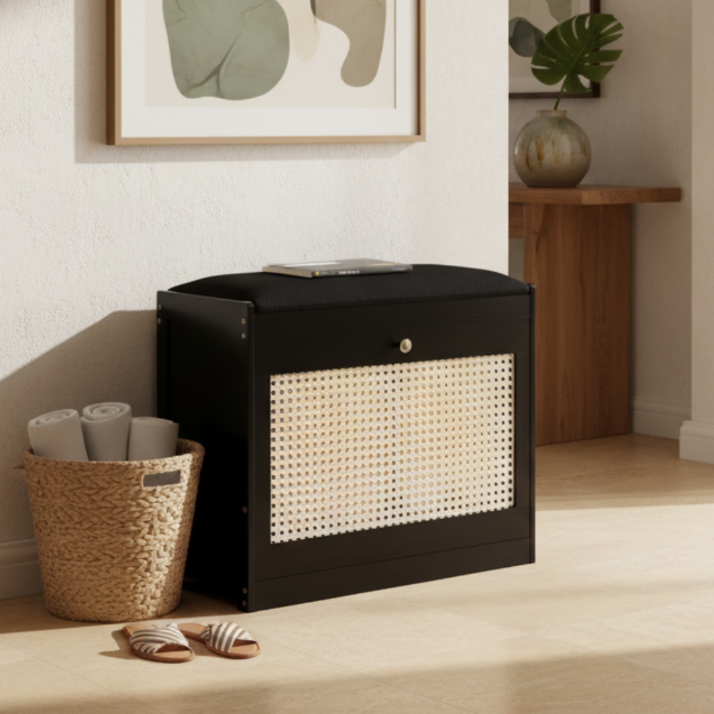 Traditional Bamboo Rattan Shoe Storage Bench with Cushion for Entryway