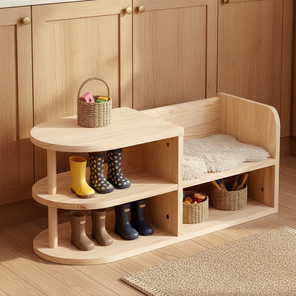 Children Shoe Storage Bench with Japanese Pine Wood 2-Tier Entryway Rack