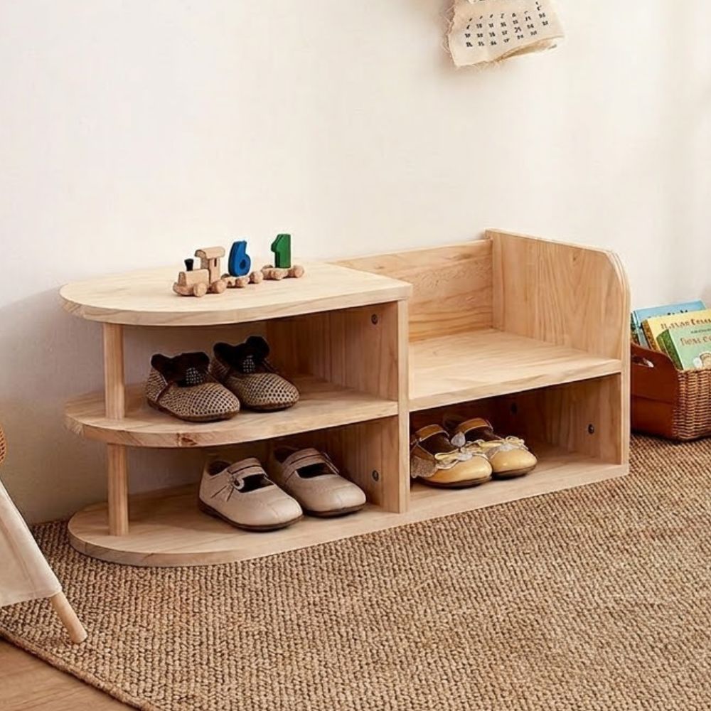 Children Shoe Storage Bench with Japanese Pine Wood 2-Tier Entryway Rack