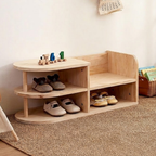 Children Shoe Storage Bench with Japanese Pine Wood 2-Tier Entryway Rack