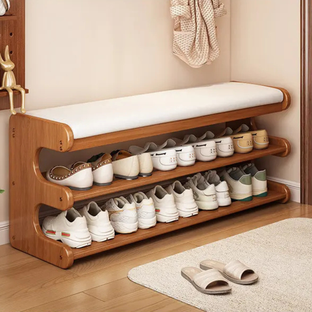 Elegant Bamboo Entryway Bench With Shoe Storage & PU Leather Seat
