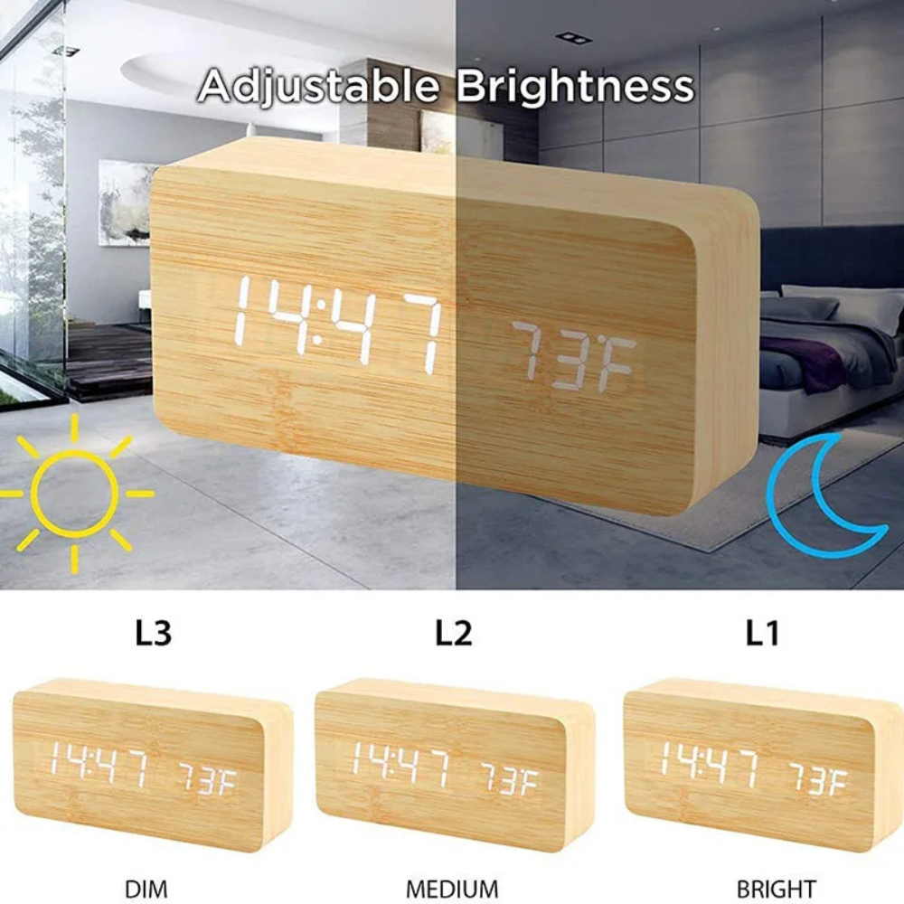 Natural Wood LED Digital Alarm Clock with Triple Alarm & Brightness Control