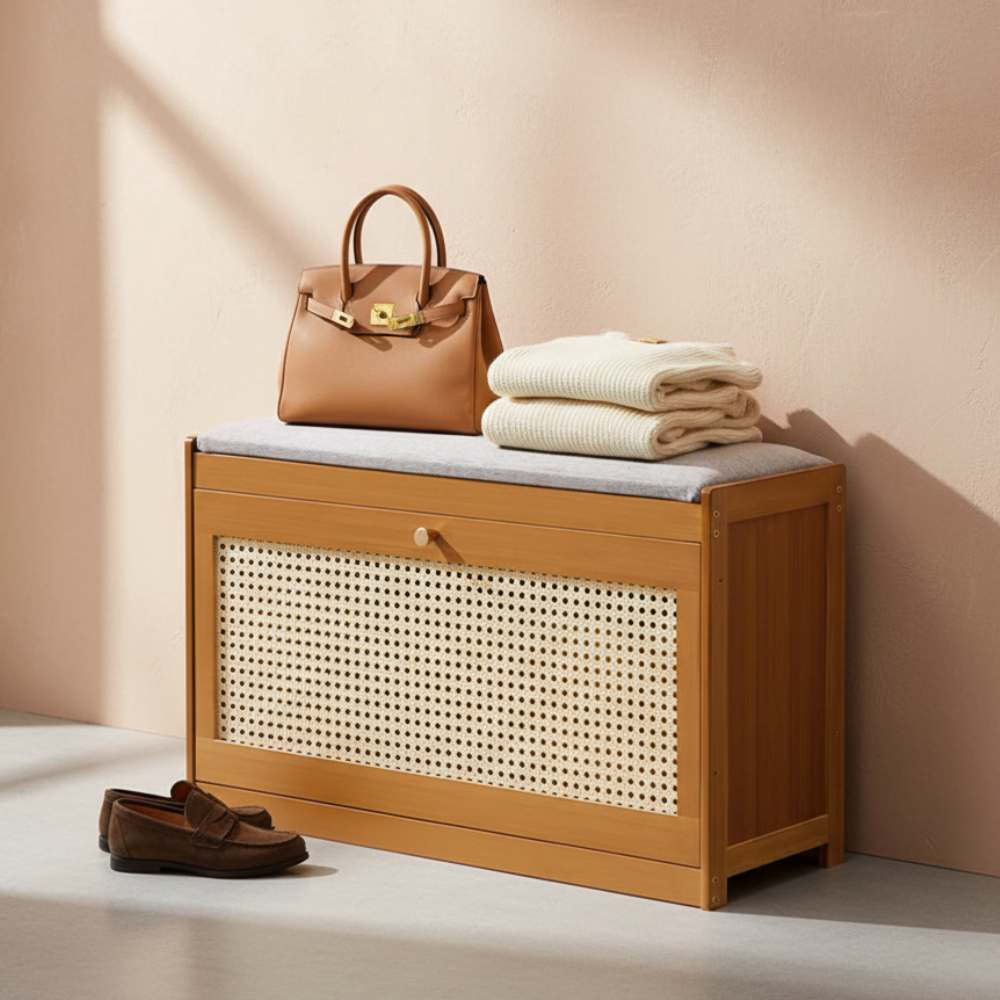 Stylish Bamboo Shoe Storage Bench with Cushioned Seating for Entryway
