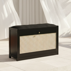 Traditional Bamboo Rattan Shoe Storage Bench with Cushion for Entryway