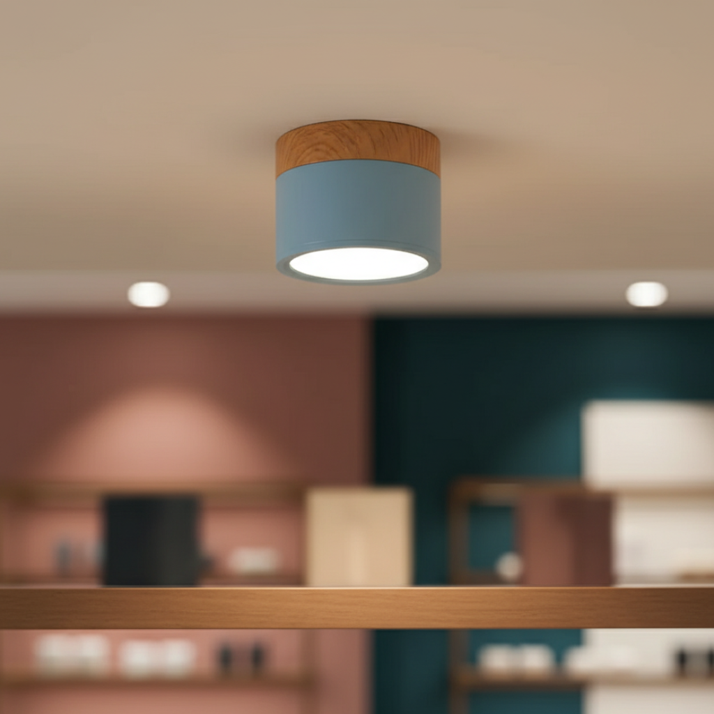 Button Wood Flush Mount Ceiling Light - Minimalist Aluminum Fixture with Wood Accent