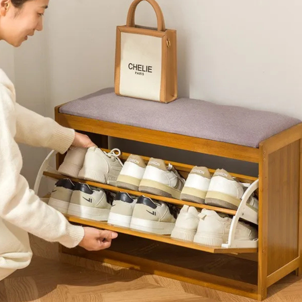 Stylish Bamboo Shoe Storage Bench with Cushioned Seating for Entryway