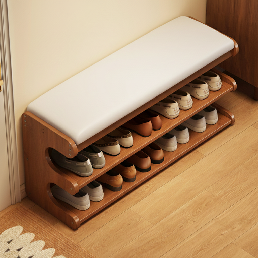Elegant Bamboo Entryway Bench With Shoe Storage & PU Leather Seat