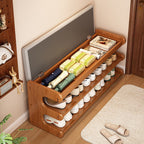 Elegant Bamboo Entryway Bench With Shoe Storage & PU Leather Seat