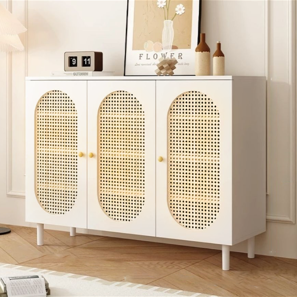 Modern Minimalist 4-Tier Shoe Storage Cabinet with Rattan & Glass Organizer for Entryway