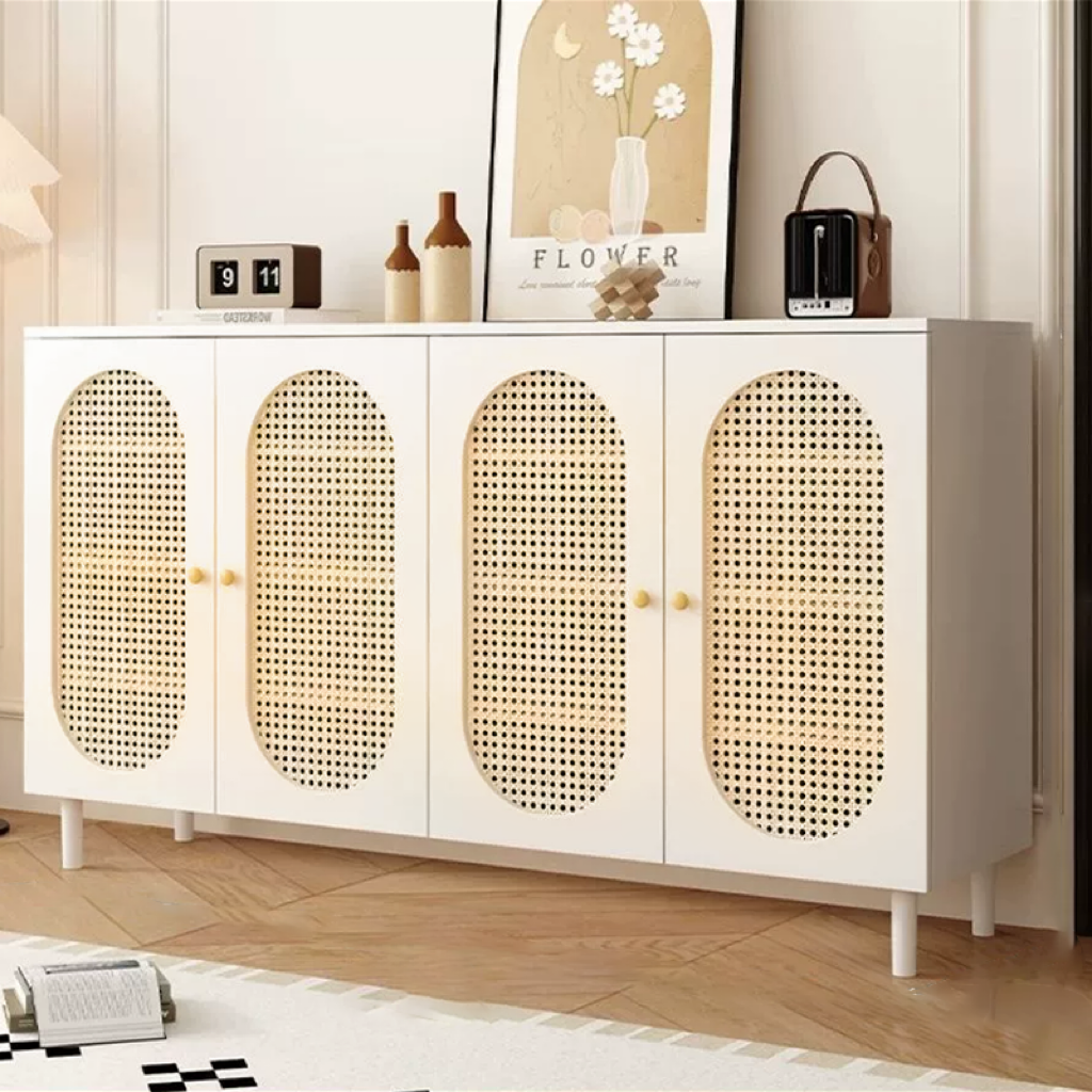 Modern Minimalist 4-Tier Shoe Storage Cabinet with Rattan & Glass Organizer for Entryway