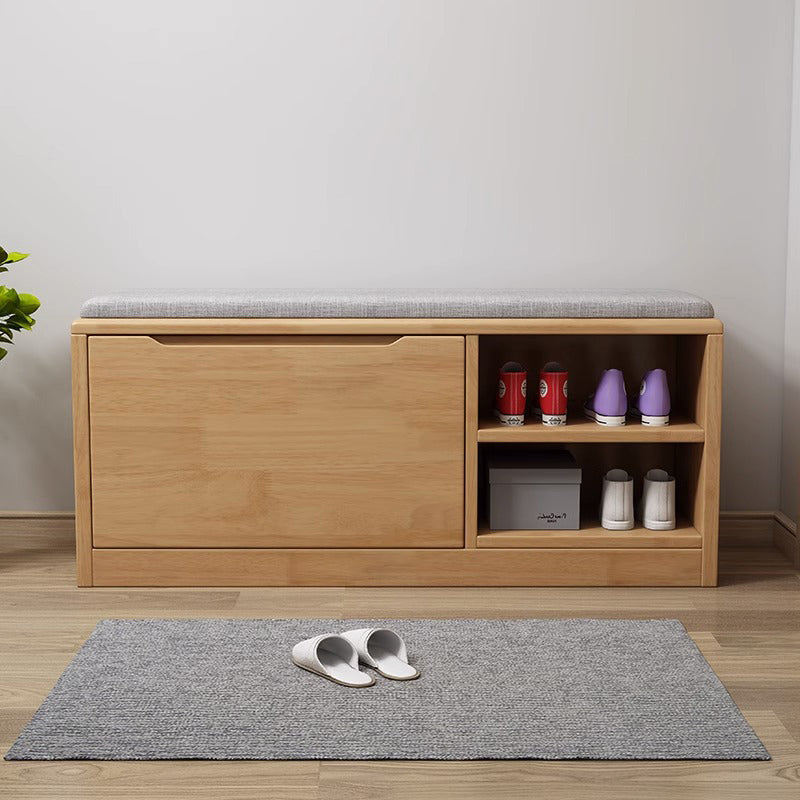 Scandinavian Solid Wood 2-Tier Shoe Storage Cabinet with Cushioned Seat for Entryway