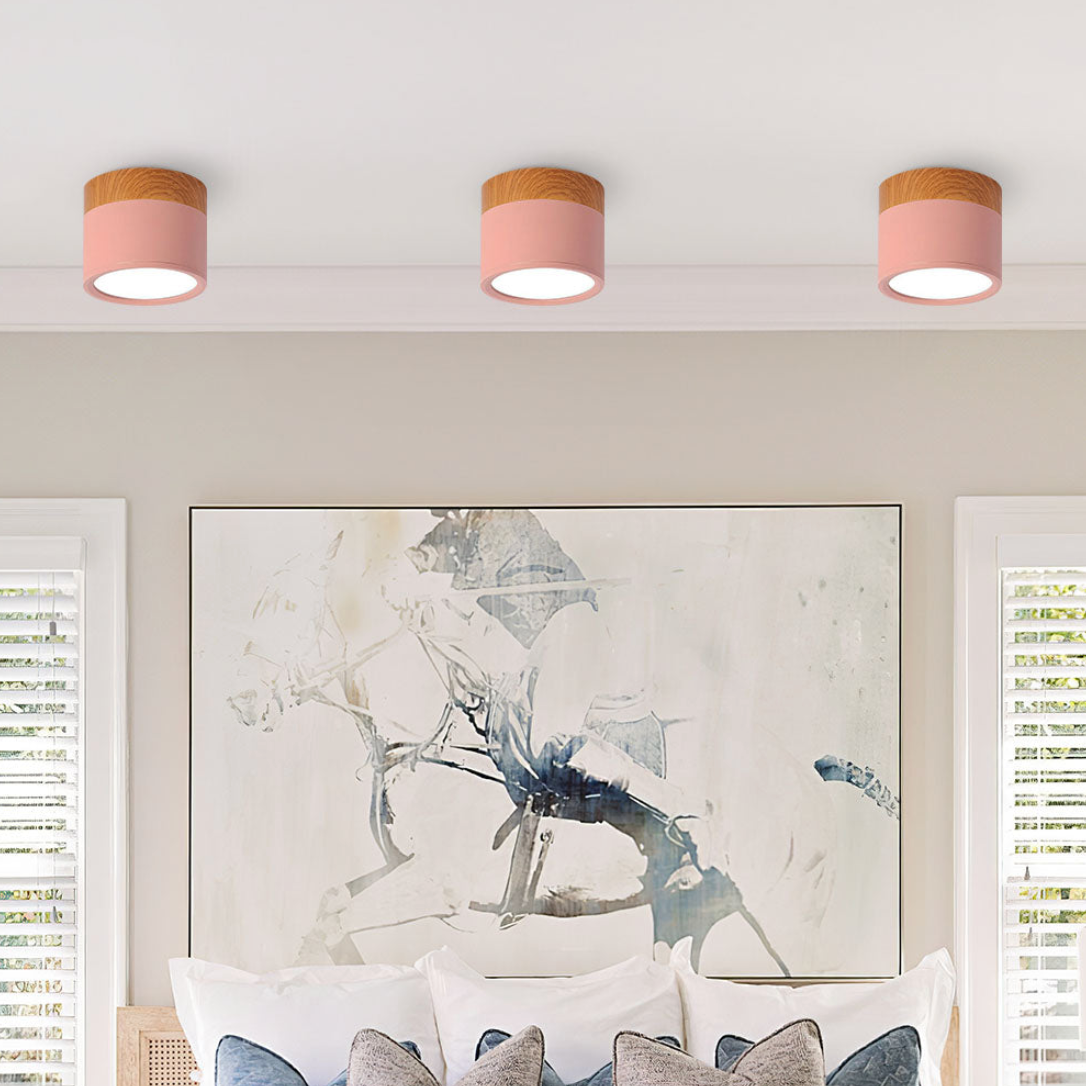 Button Wood Flush Mount Ceiling Light - Minimalist Aluminum Fixture with Wood Accent