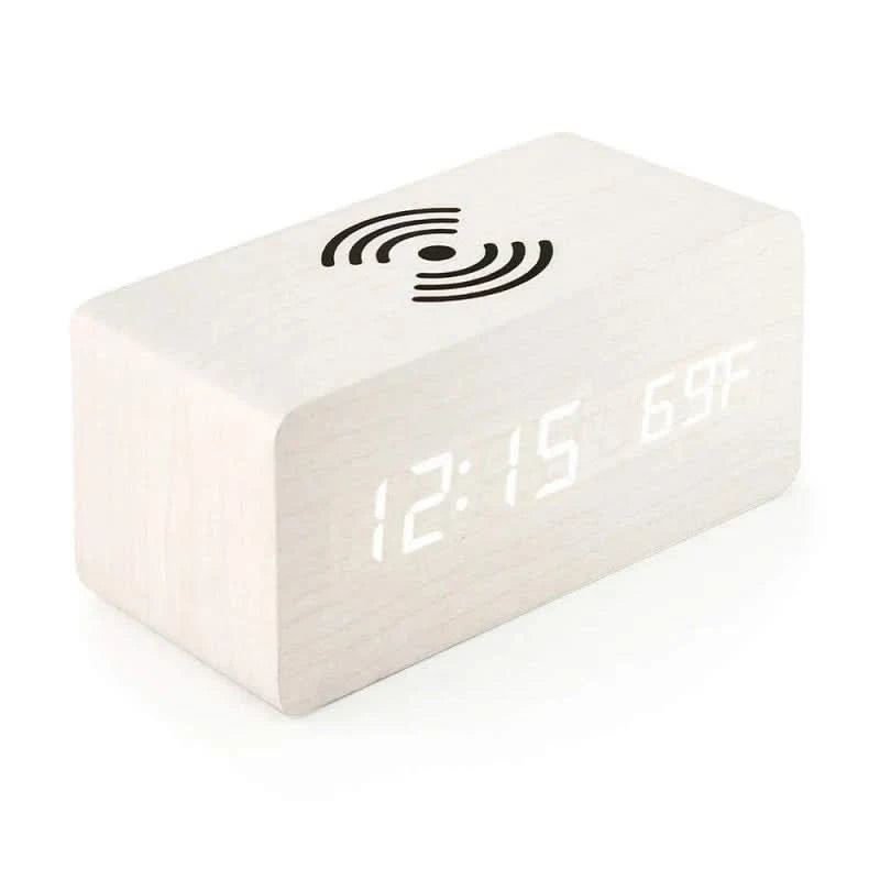 Stylish Wooden Digital Alarm Clock with Wireless Charging & Voice Activation