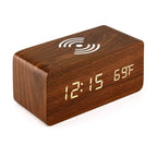 Stylish Wooden Digital Alarm Clock with Wireless Charging & Voice Activation
