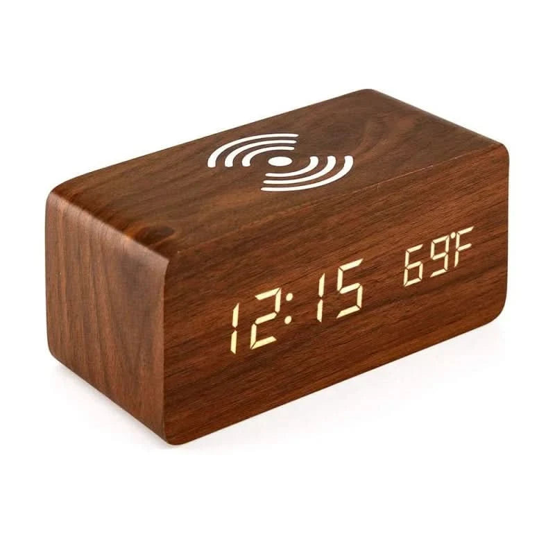 Stylish Wooden Digital Alarm Clock with Wireless Charging & Voice Activation