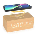 Stylish Wooden Digital Alarm Clock with Wireless Charging & Voice Activation