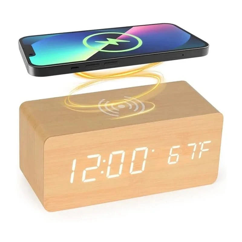 Stylish Wooden Digital Alarm Clock with Wireless Charging & Voice Activation