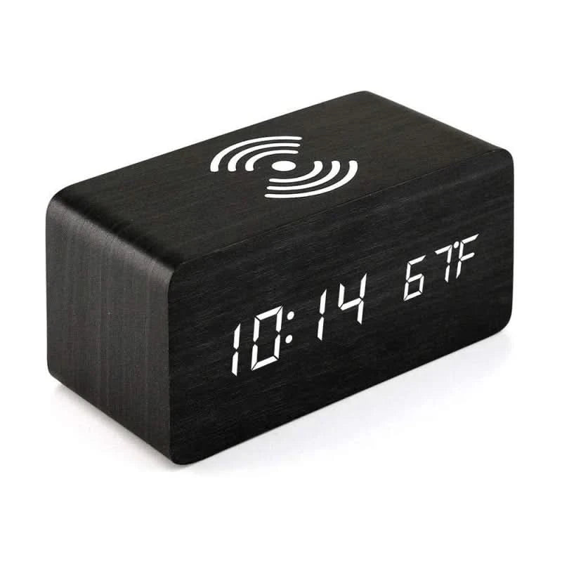 Stylish Wooden Digital Alarm Clock with Wireless Charging & Voice Activation