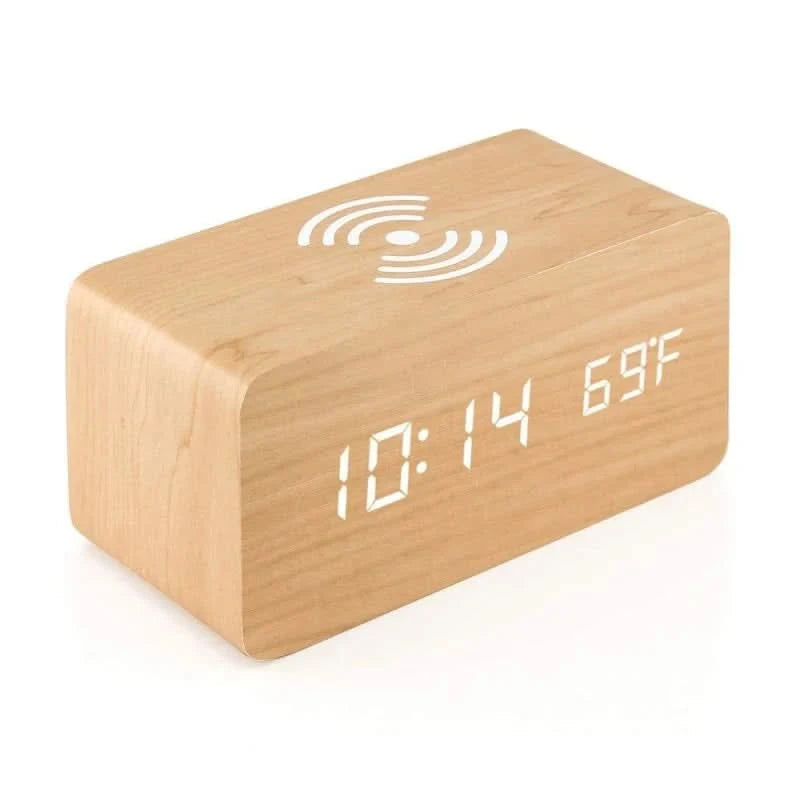Stylish Wooden Digital Alarm Clock with Wireless Charging & Voice Activation