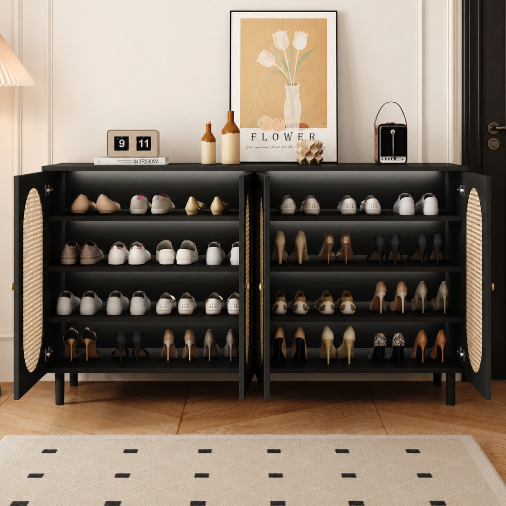 Modern Minimalist 4-Tier Shoe Storage Cabinet with Rattan & Glass Organizer for Entryway