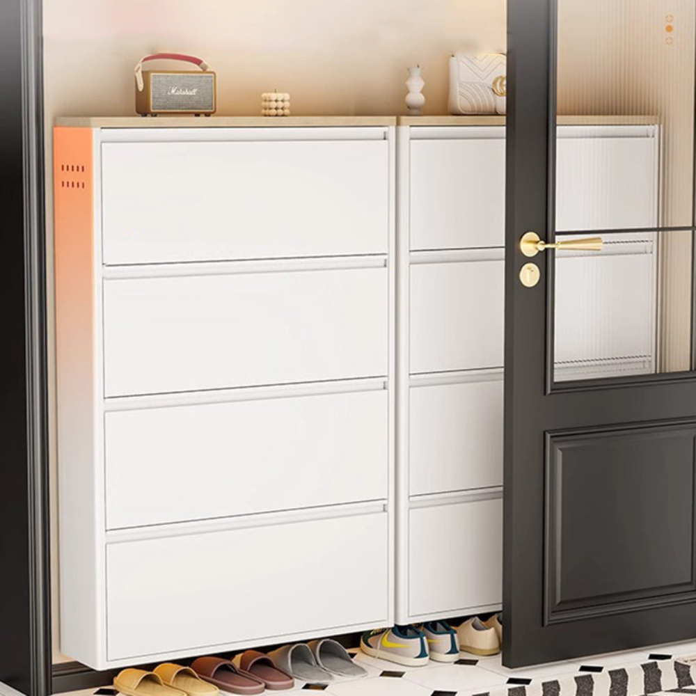 Modern Minimalist Shoe Storage Cabinet - Slim Steel Organizer with Drawers