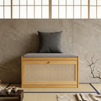 Traditional Bamboo Rattan Shoe Storage Bench with Cushion for Entryway