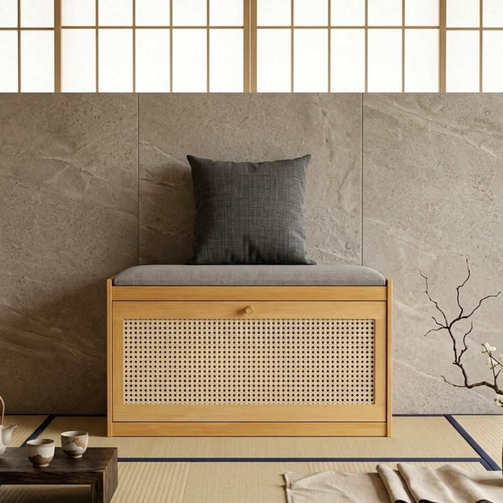 Traditional Bamboo Rattan Shoe Storage Bench with Cushion for Entryway