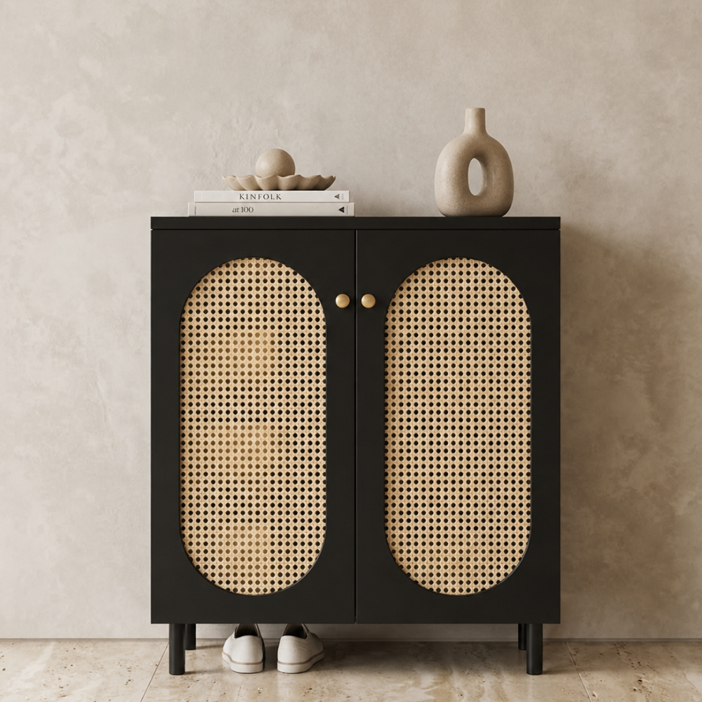 Modern Minimalist 4-Tier Shoe Storage Cabinet with Rattan & Glass Organizer for Entryway