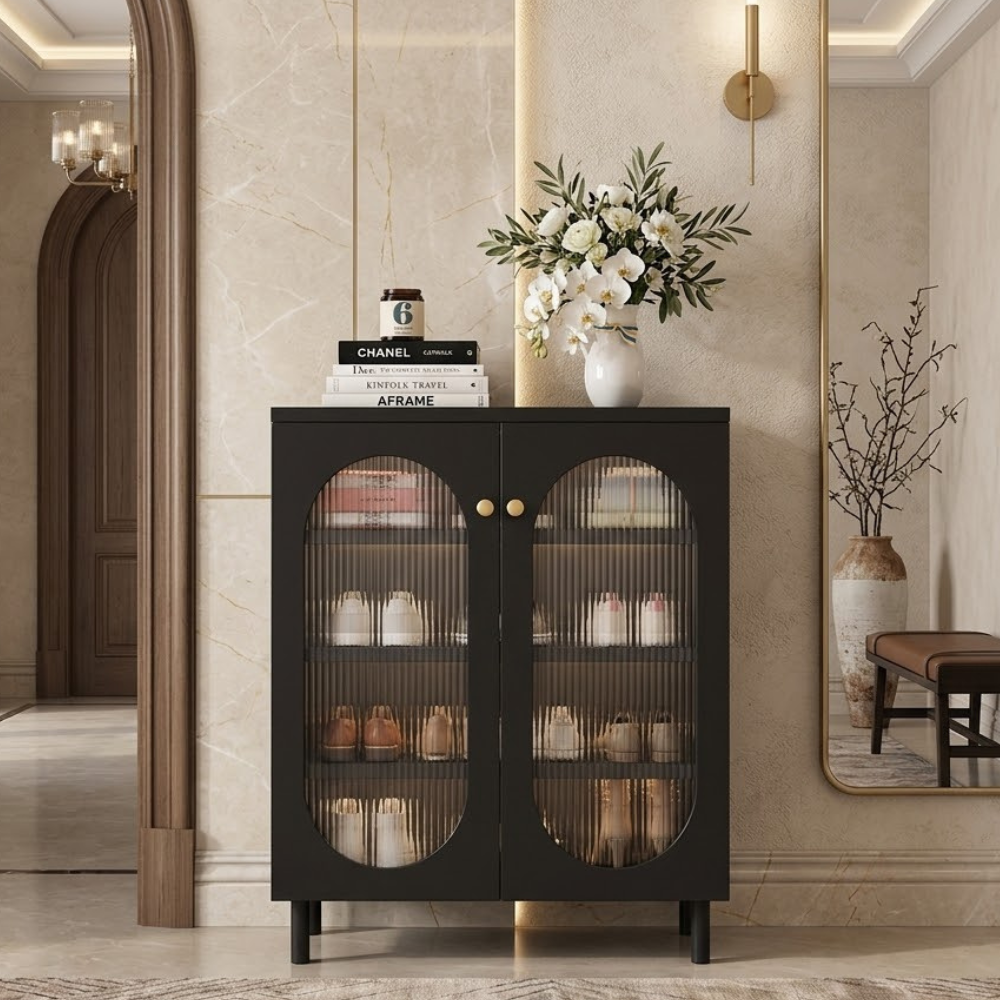 Modern Minimalist 4-Tier Shoe Storage Cabinet with Rattan & Glass Organizer for Entryway