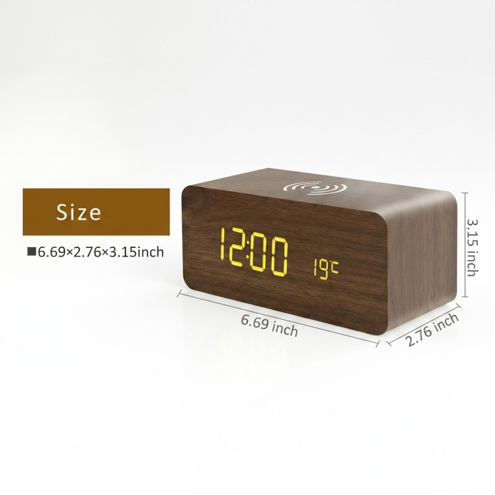 Stylish Wooden Digital Alarm Clock with Wireless Charging & Voice Activation