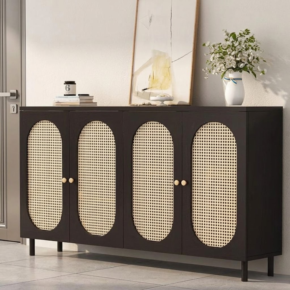 Modern Minimalist 4-Tier Shoe Storage Cabinet with Rattan & Glass Organizer for Entryway
